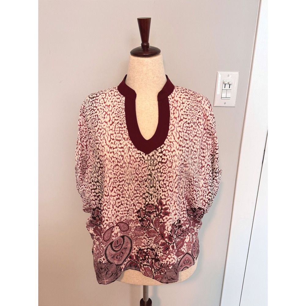 ENTRO | Blouse Women Small Burgundy Paisley Floral Dolman Sleeve Boho Top T28936